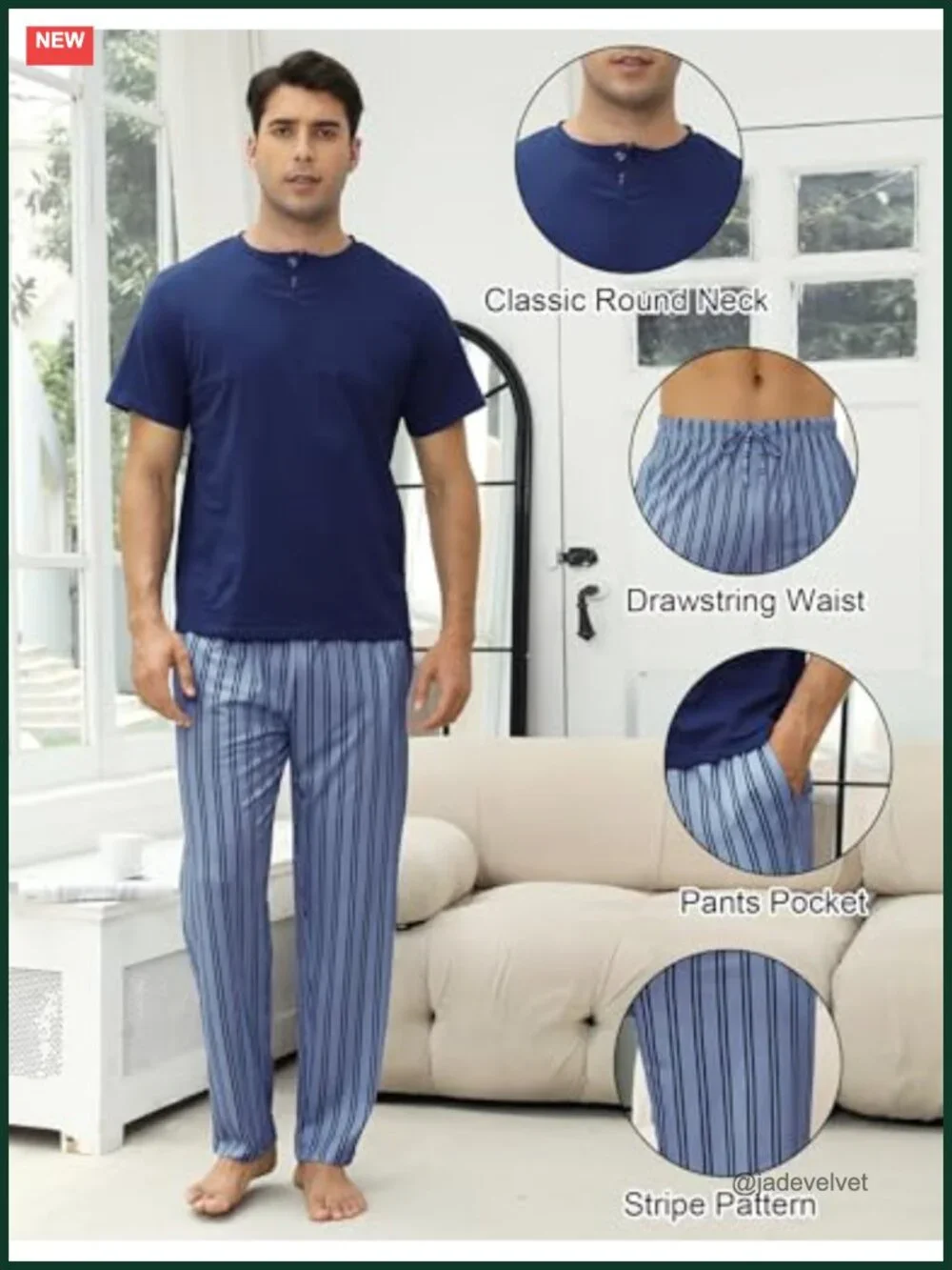 Men's Cotton Short Sleeve Pajama Set with Pockets Soft Loungewear